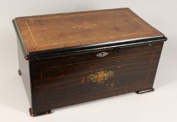 A 19TH CENTURY SWISS MUSICAL BOX playing 10 airs with drums and six bells, in an inlaid rosewood