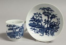 AN 18TH CENTURY WORCESTER COFFEE CUP AND SAUCER printed with a chinoiserie landscape, Plantation