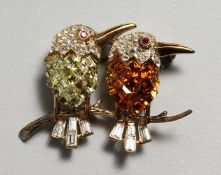 A GERMAN .925 SILVER BRILLIANT SET BROOCH, two birds on a branch.