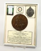 A FRAMED AND GLAZED WW1 BRONZE MEMORIAL DEATH PLAQUE or 