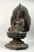 A LARGE CHINESE IRON BUDDAH on a lotus leaf stand, 36ins high.