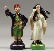 A SMALL PAIR OF DERBY TURKISH FIGURES. 5.5ins high, (AF).