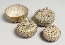 THREE ISLAMIC SILVER AND ENAMEL FRUIT-SHAPED LIDDED BOWLS and one without lid.