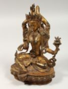 A GILT BRONZE GOD, set with coral and turquoise, 8.5ins high.