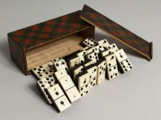 A McPHEARSON TARTAN WARE BOX AND DOMINOES.