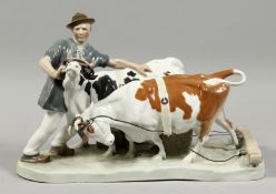 A VERY GOOD LARGE MEISSEN GROUP, FARMER AND TWO COWS. Cross swords mark in blue. Incised H 123,