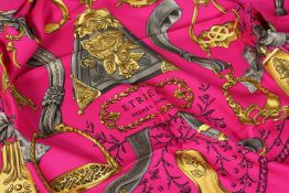 A HERMES SILK SCARF, PINK AND YELLOW STRIPES. 140ins x 36ins.