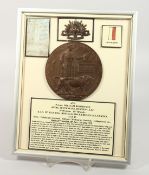 A FRAMED AND GLAZED WW1 BRONZE MEMORIAL DEATH PLAQUE or 