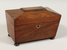 A LATE REGENCY MAHOGANY TWO DIVISON TEA CADDY on bun feet. 8ins.
