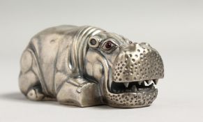 A RUSSIAN SILVER HIPPO with blue eyes. Faberge mark, Head 84 I.P. 3ins long.