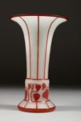A FROSTED GLASS VASE with red decoration. 8ins high