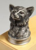 A SUPERB RUSSIAN CAST SILVER FOX'S HEAD STIRRUP CUP with ruby eyes. 2.5ins high, 1.75ins diameter,
