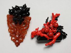 TWO DESIGNER FAUX CORAL BROOCHES