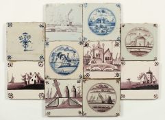 TEN BLUE AND WHITE MANGANESE 18TH CENTURY DELFT TILES 5ins x 5ins.