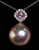 A LARGE 16mm PINK PEARL PENDANT, PINK SAPPHIRE AND DIAMOND TOP