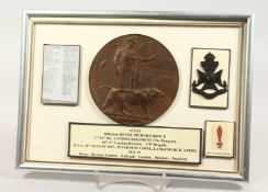 A FRAMED AND GLAZED WW1 BRONZE MEMORIAL DEATH PLAQUE or 