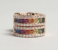 A PAIR OF 18CT. RED GOLD MULTI COLOURED NATURAL SAPPHIRE AND DIAMOND HOOP EARRINGS