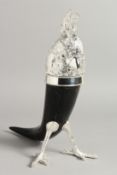 A PLATED HORN MOUNTED PARROT INK WELL. 12ins high.