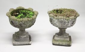 A PAIR OF WEATHERED COMPOSITE GARDEN URNS on pedestal bases. 21ins high x 19 ins diameter.