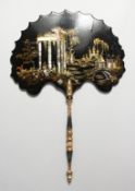 A VICTORIAN PAPIER MACHE FAN, with gilt and mother of pearl Chinese design.