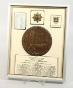 A FRAMED AND GLAZED WW1 BRONZE MEMORIAL DEATH PLAQUE or 
