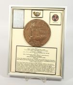 A FRAMED AND GLAZED WW1 BRONZE MEMORIAL DEATH PLAQUE or 