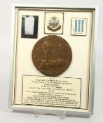 A FRAMED AND GLAZED WW1 BRONZE MEMORIAL DEATH PLAQUE or 