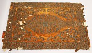 A RARE 18TH CENTURY, OR EARLIER, TURKISH METAL THREAD EMBROIDERED WALL HANGING, velvet ground with