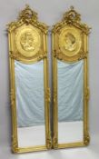 A GOOD PAIR OF LOUIS XVITH DESIGN LONG MIRRORS. 5ft 10ins high x 1ft 6ins wide.