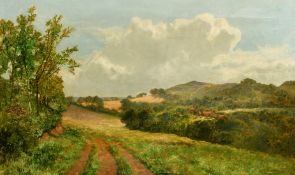 James Peel (1811-1906) British, 'Near Haslemere' Tracks leading into open fields with a farmstead