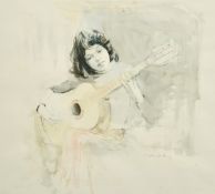 Robert King (born 1936) British, 'Girl with a Guitar', watercolour, signed, exhibition label