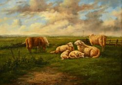 J. Shaw (20th Century), sheep grazing in a meadow, oil on panel, signed, 12