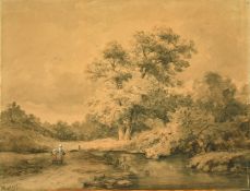 Circle of Willem Roelofs, figures walking by a pond, watercolour, bears signature, 11