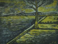 Jamini Roy (1887-1972) Indian, an early landscape of a tree near water, watercolour, signed with