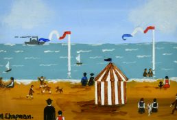 Margaret Chapman (1940-2000) British, Figures and dogs on a French beach with a paddle steamer
