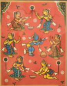 Jamini Roy (1887-1972) Indian, colourful female figures on a red background, watercolour, 14
