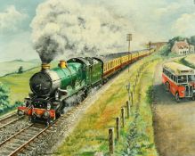 David Barnes, 'The Competition', train on the tracks and bus on the road, acrylic, signed, 13.25