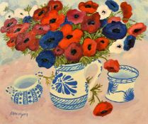 After Pierre Boncompain, A still life of Anemones in a blue and white jug, oil on canvas, bears