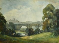 Attributed to Alfred East (1844-1913) An extensive landscape view with a bridge and distant