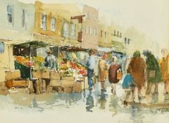Ashton Cannell (1927-1994) British, 'The Market', line and wash, signed, Mall Galleries exhibition
