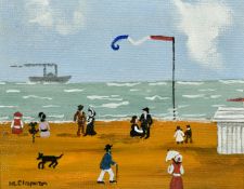 Margaret Chapman (1940-2000) British, Figures and dogs on a French beach with a paddle steamer