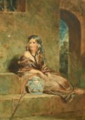 19th Century School, A study of a seated female figure in a city, watercolour, indistinctly signed
