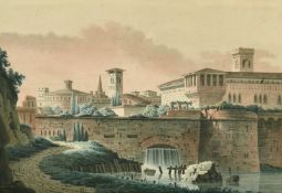 Cyr Piraud, Circa 1829, view of a classical city, ink and watercolour, signed, 9.5