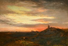 George Cole (1810-1883) British, wayfarers on a county path at Dusk with a windmill beyond, oil on