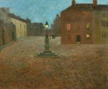 Winifred Roome (19th/20th Century), figures and a dog in a quiet town square at night, oil on