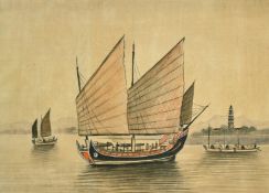 Chinese School 19th /20th Century, A junk and sampans at anchor with a pagoda and mountains