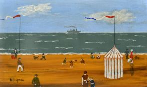 Margaret Chapman (1940-2000) British, Figures on a French beach and three children playing