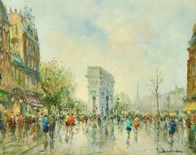 Salvadore Demone (b.1928) Italian, A French street scene with the Arc de Triomphe, oil on canvas,