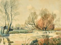 Attributed to Garrick Palmer, River landscape with a weir, watercolour, signed and dated '46, 10.75