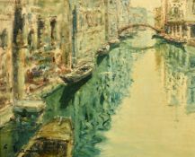 20th Century Italian School, a view of gondolas on a Venetian canal, oil on canvas, indistinctly